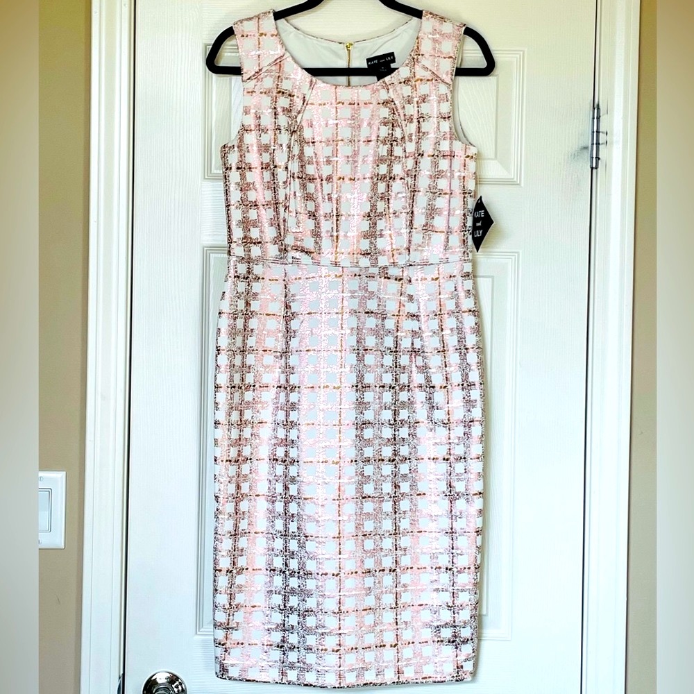 White Cocktail Dress with Light Pink, Silver, & Gold Metallic Pattern